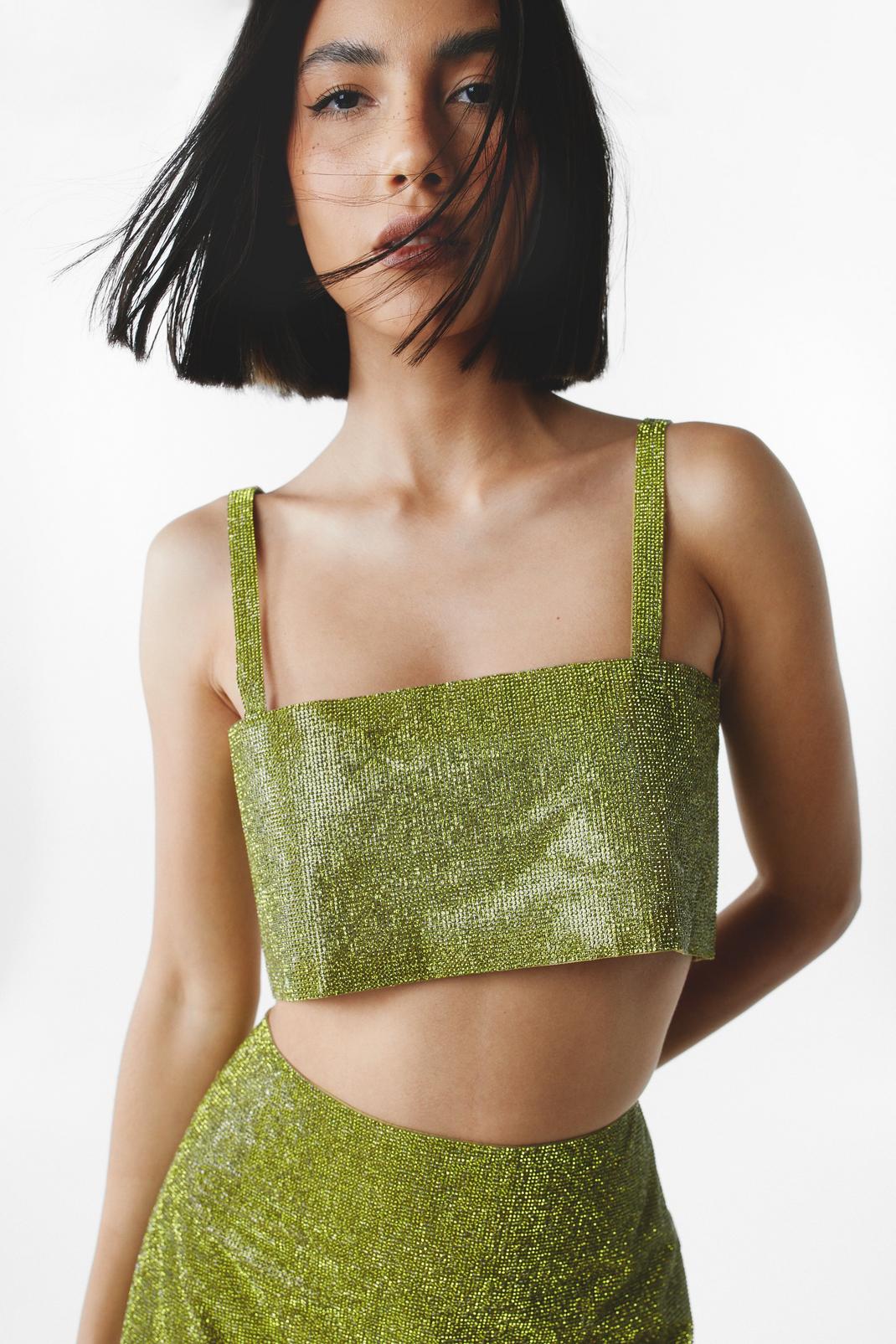 All Over Diamante Cami Top, Green image number 1