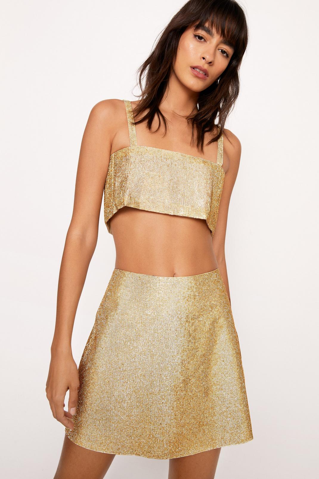 Gold All Over Diamante A Line Mini Skirt image number 1