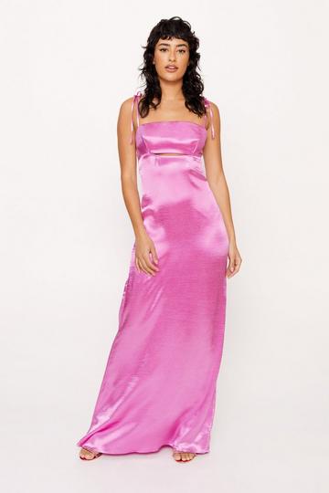 Pink Satin Tie Shoulder Cut Out Slip Dress