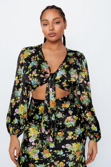 Black Plus Size Floral Tie Front Puff Sleeve Blouse