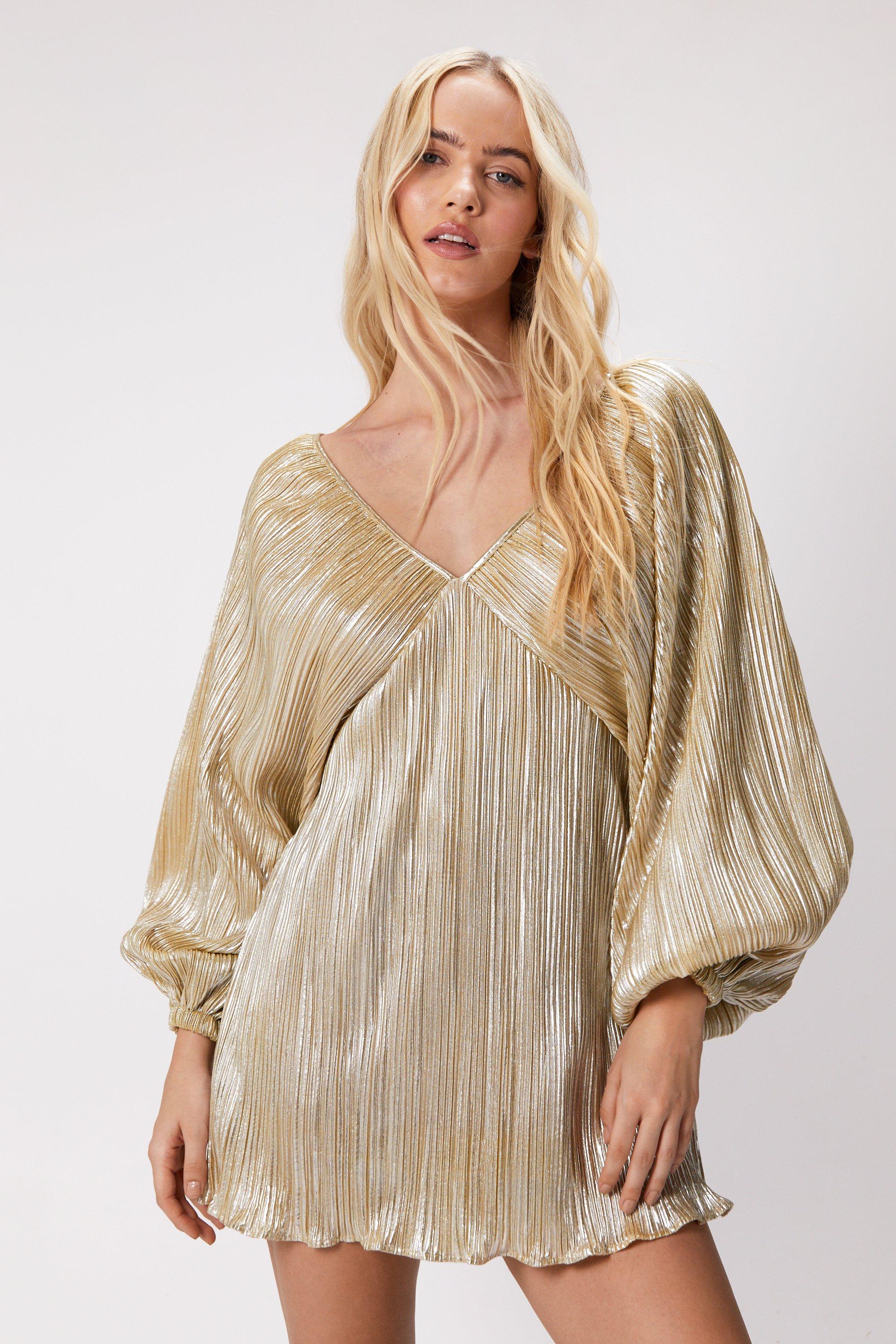 Metallic Pleated Balloon Sleeve Mini Dress | Nasty Gal