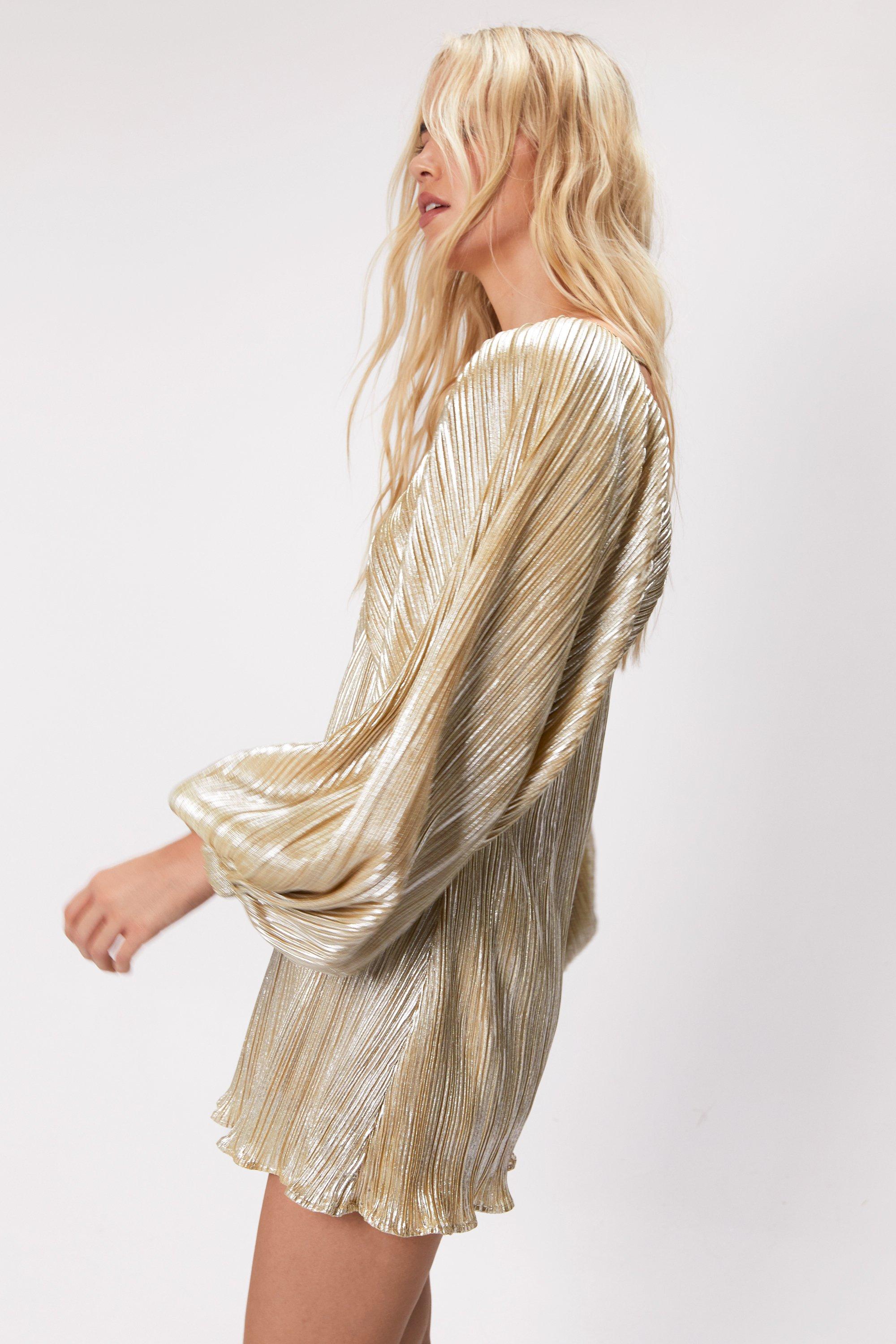 Metallic Pleated Balloon Sleeve Mini Dress | Nasty Gal