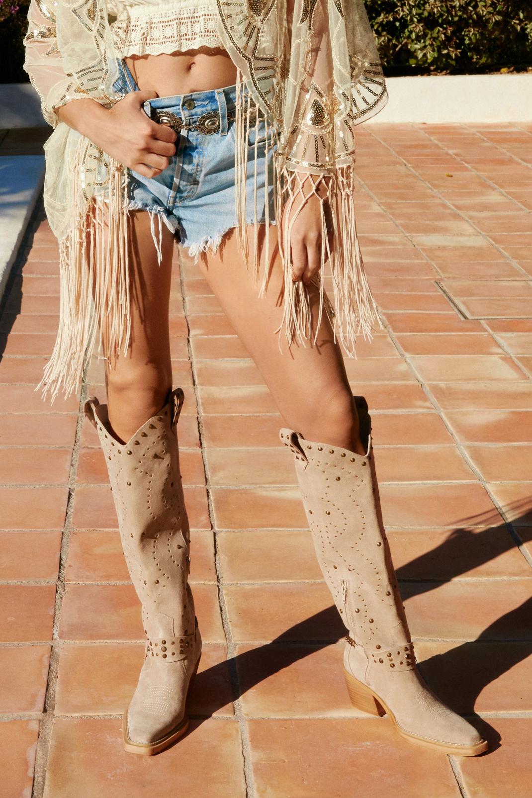 Beige Suede Studded Harness Knee High Cowboy Boots image number 1