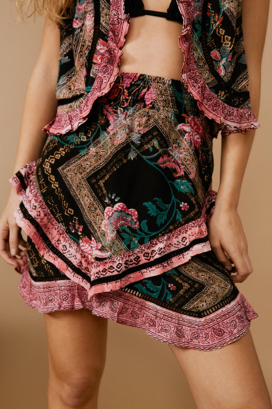 Black Floral Border Print Ruffle Mini Skirt image number 1