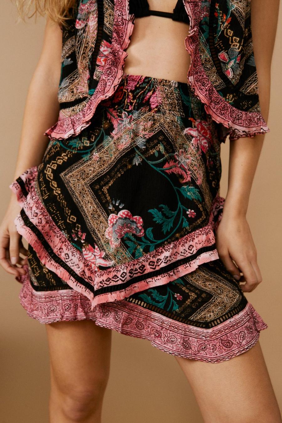 Floral Border Print Ruffle Mini Skirt