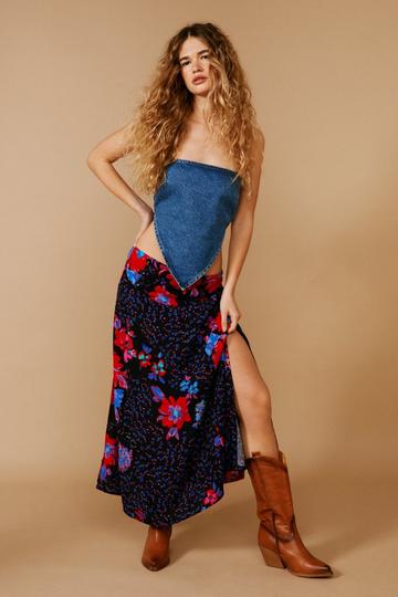 Blue Floral Split Midi Skirt