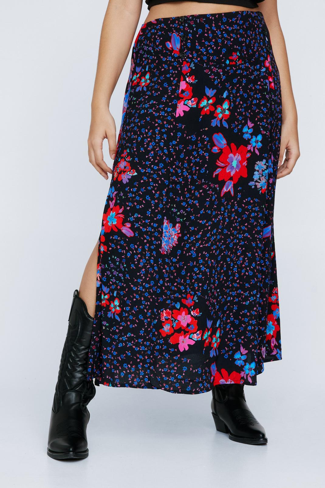 Blue Plus Size Floral Split Midi Skirt image number 1