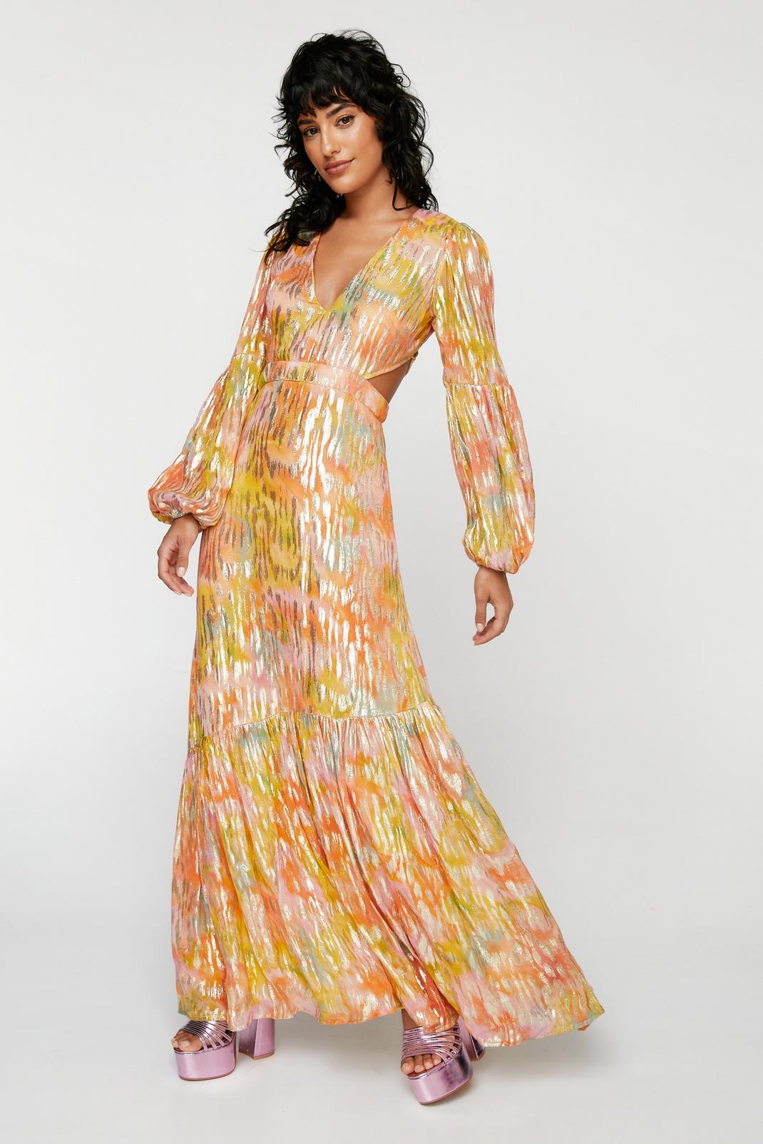 Yellow Metallic Blurred Floral Open Back Maxi Dress image number 1