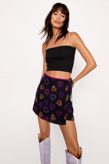 Black Heart Print Wrap Mini Skirt