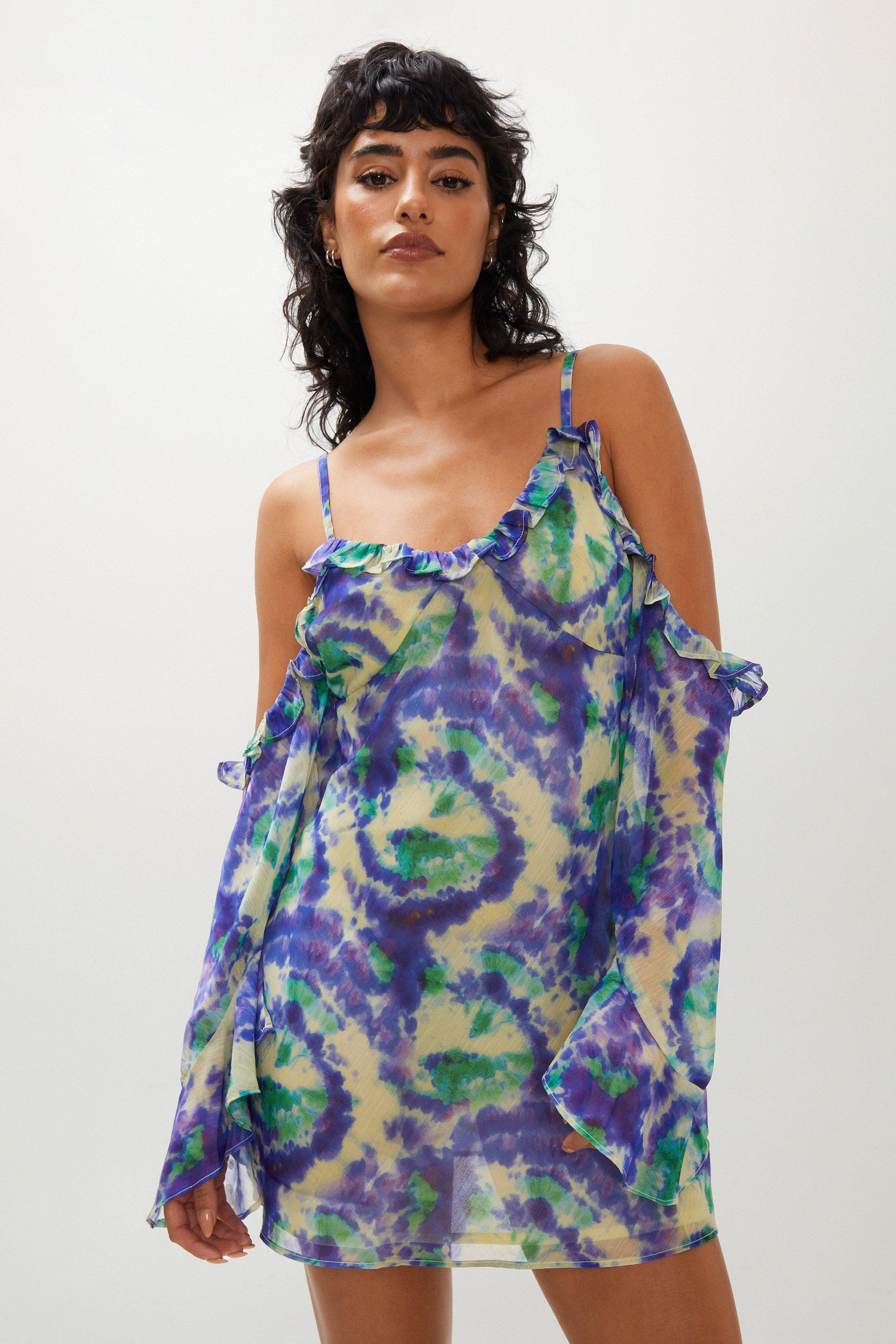 Tie Dye Strappy Cold Shoulder Chiffon Mini Dress Nasty Gal