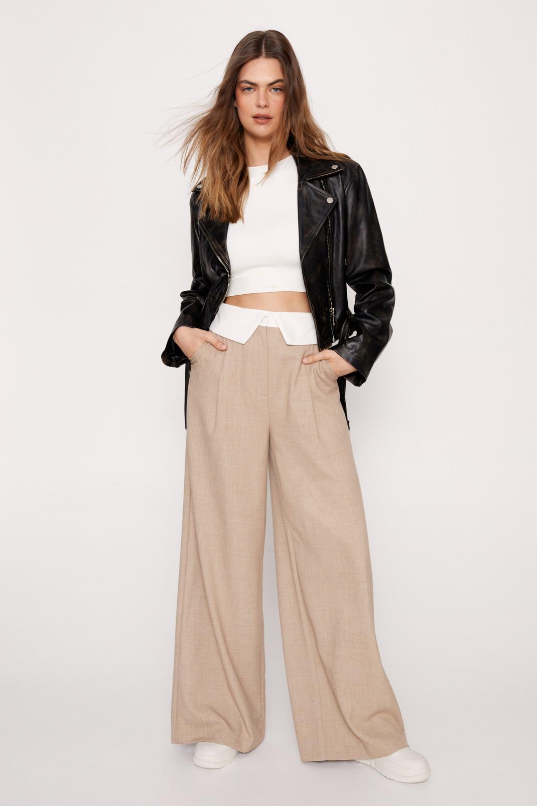 Beige Colour Block Waist Band Wide Leg Trousers image number 1
