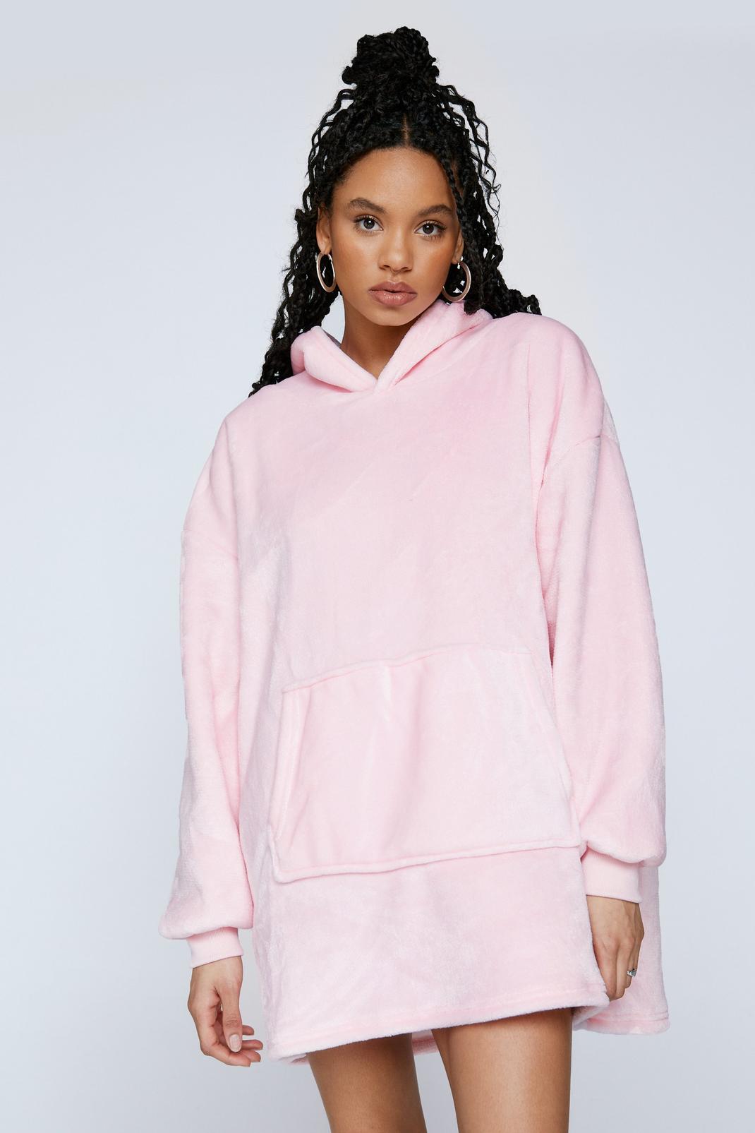 Baby pink Cozy Fleece Hooded Lounge Dress image number 1