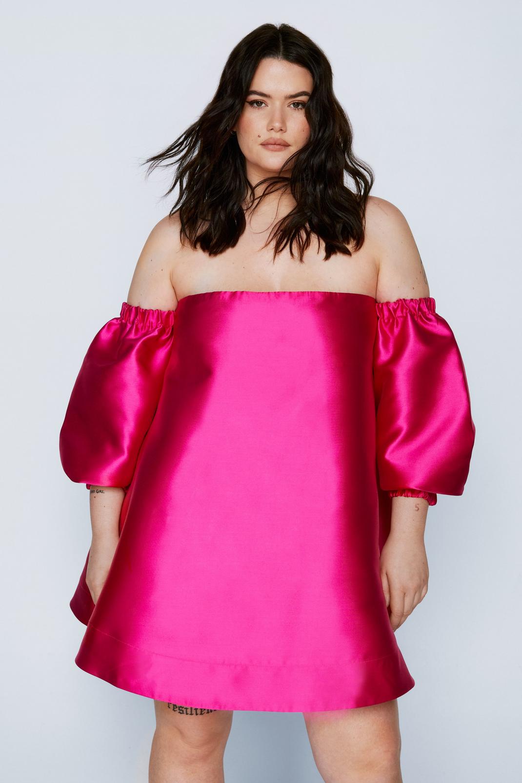 Hot pink Plus Size Structured Bardot Puff Sleeve Mini Dress image number 1