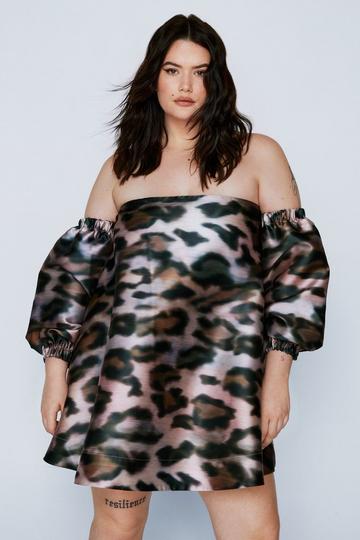 Brown Plus Size Leopard Print Bardot Structured Mini Dress
