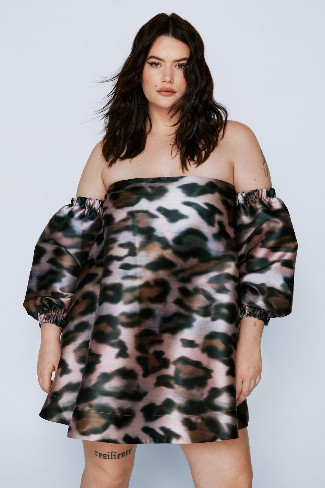 Brown Plus Size Leopard Print Bardot Structured Mini Dress image number 1