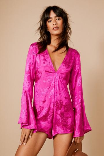Pink Jacquard Flared Sleeve Plunge Playsuit