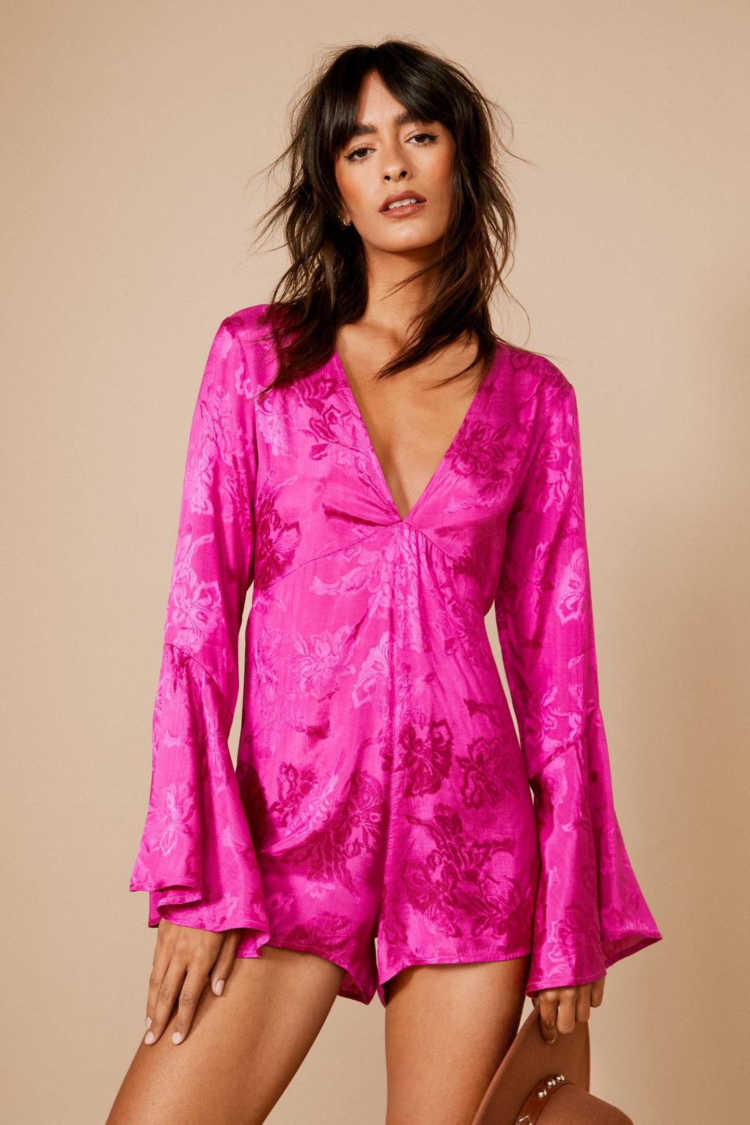 Hot pink Jacquard Flare Sleeve Plunge Playsuit image number 1