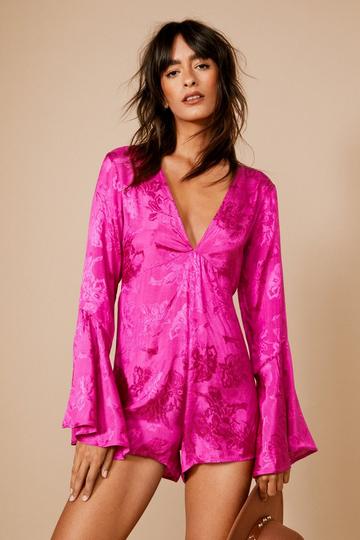 Pink Petite Jacquard Flared Sleeve Plunge Playsuit