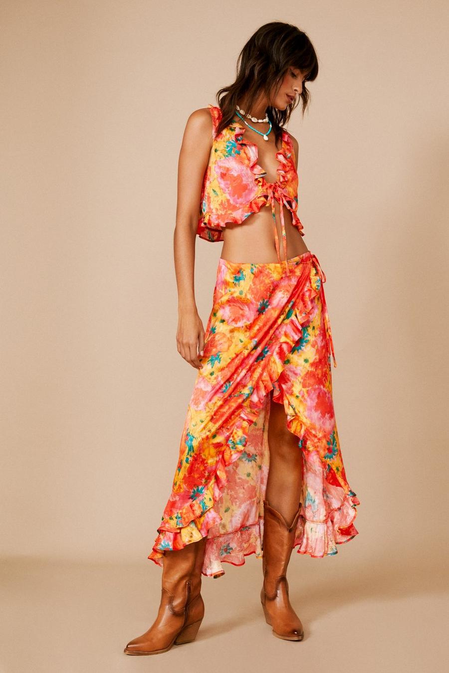 Floral Jacquard Ruffle Wrap Maxi Skirt
