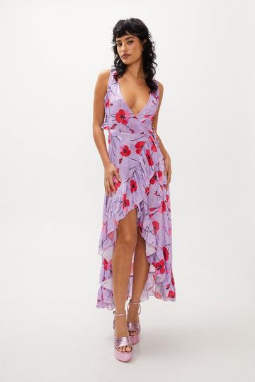 Floral Jacquard Wrap Plunge Maxi Dress lilac