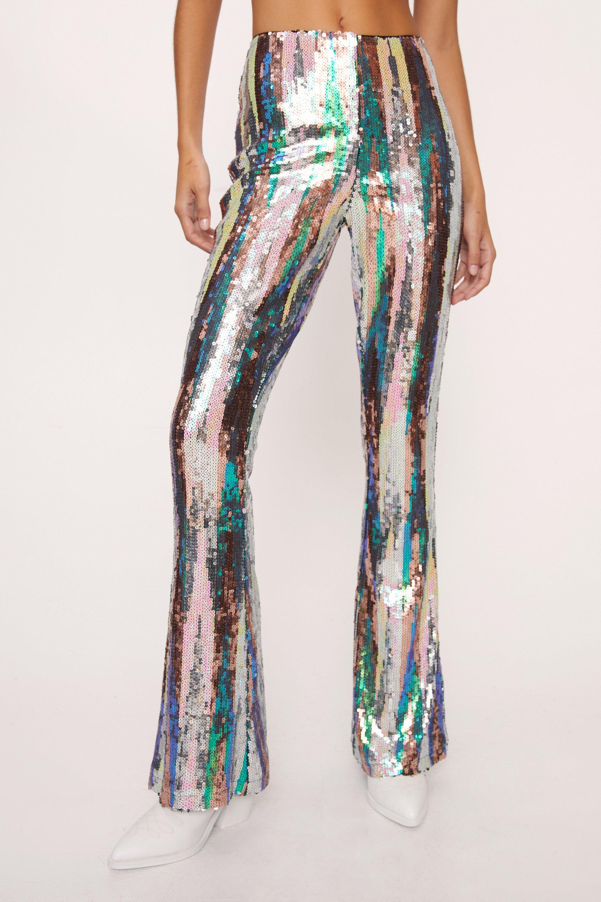 Silver Sequin Flare Pants, Pants