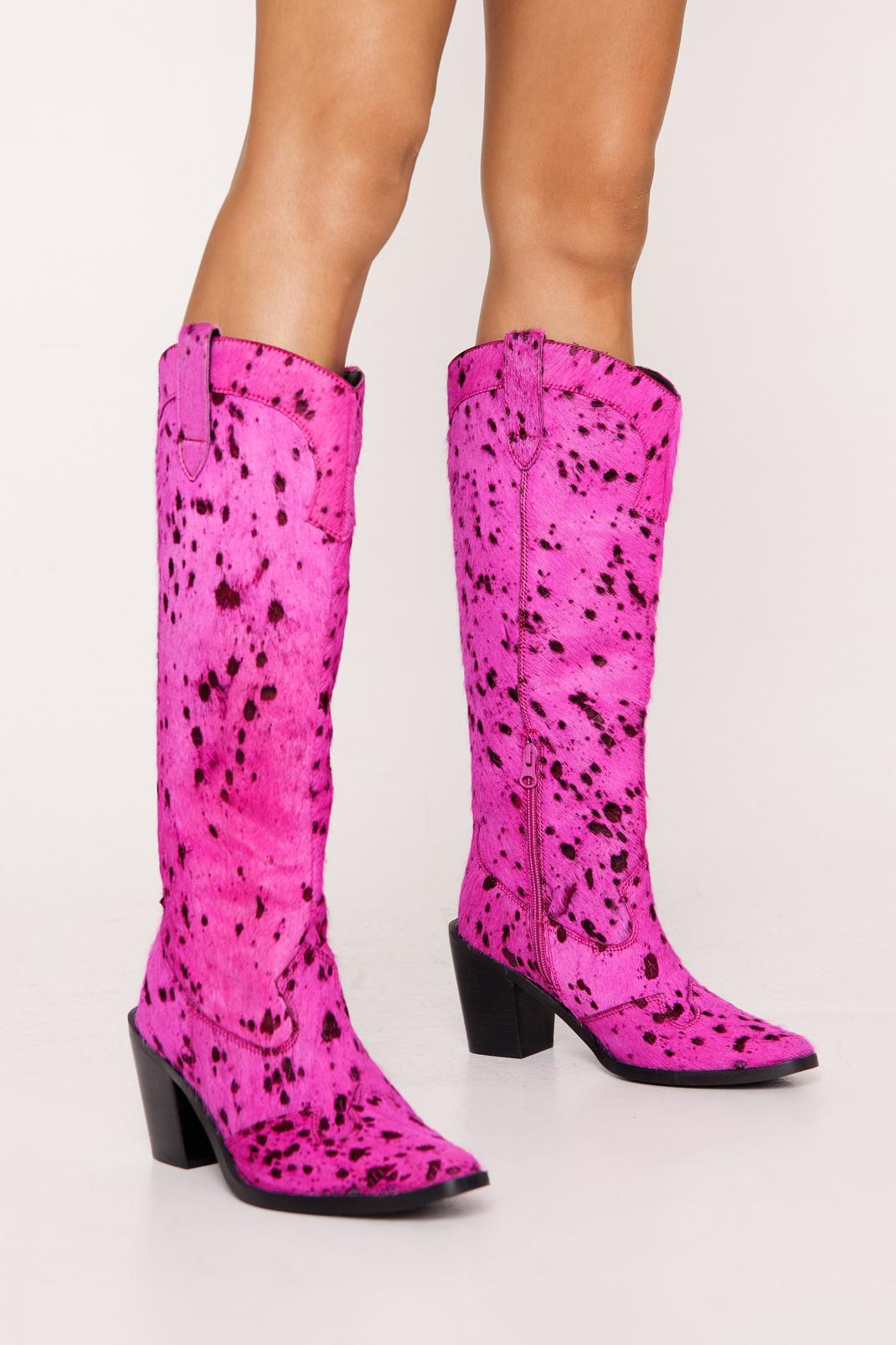 Pink Hair On Knee High Cowboy Boots image number 1