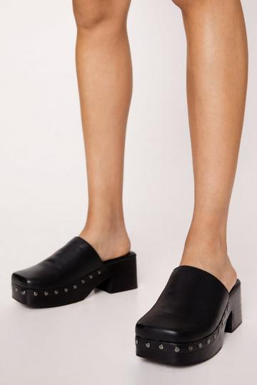 Black Real Leather Studded Square Toe Clogs