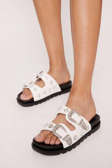 Western Buckle Detail Double Strap Sandals white
