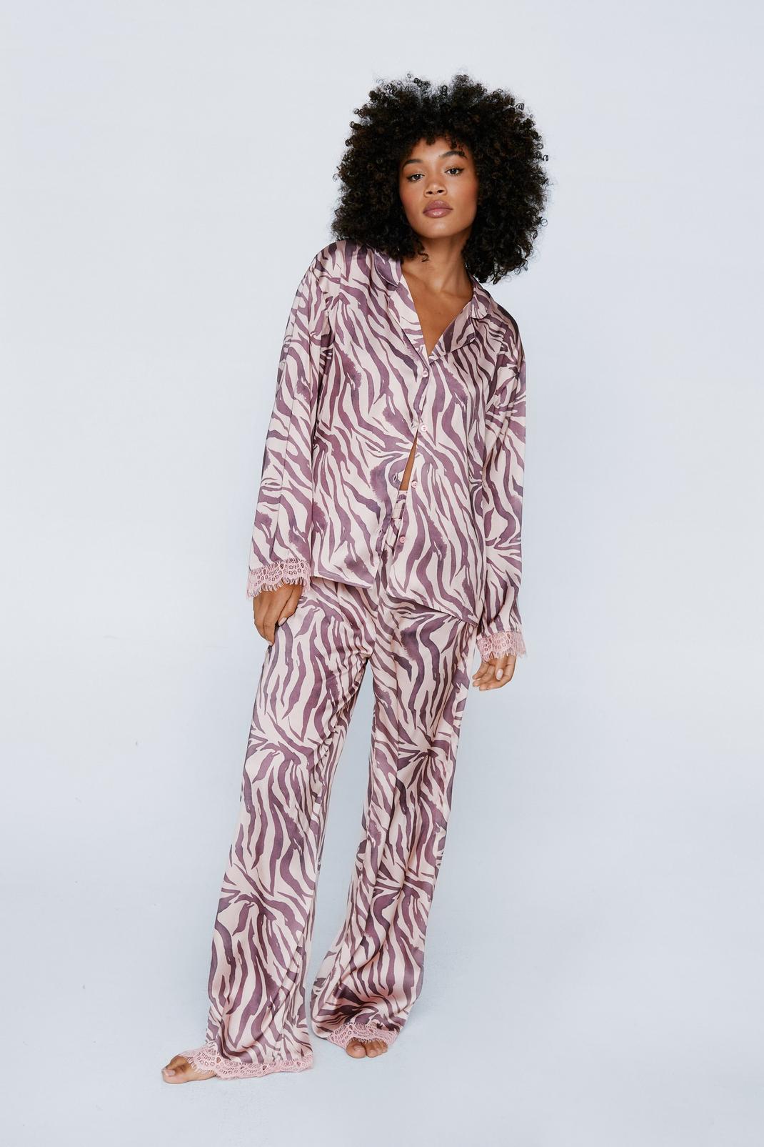 Natural Satin Zebra Print Contrast Lace Pajama Shirt And Trouser Set image number 1