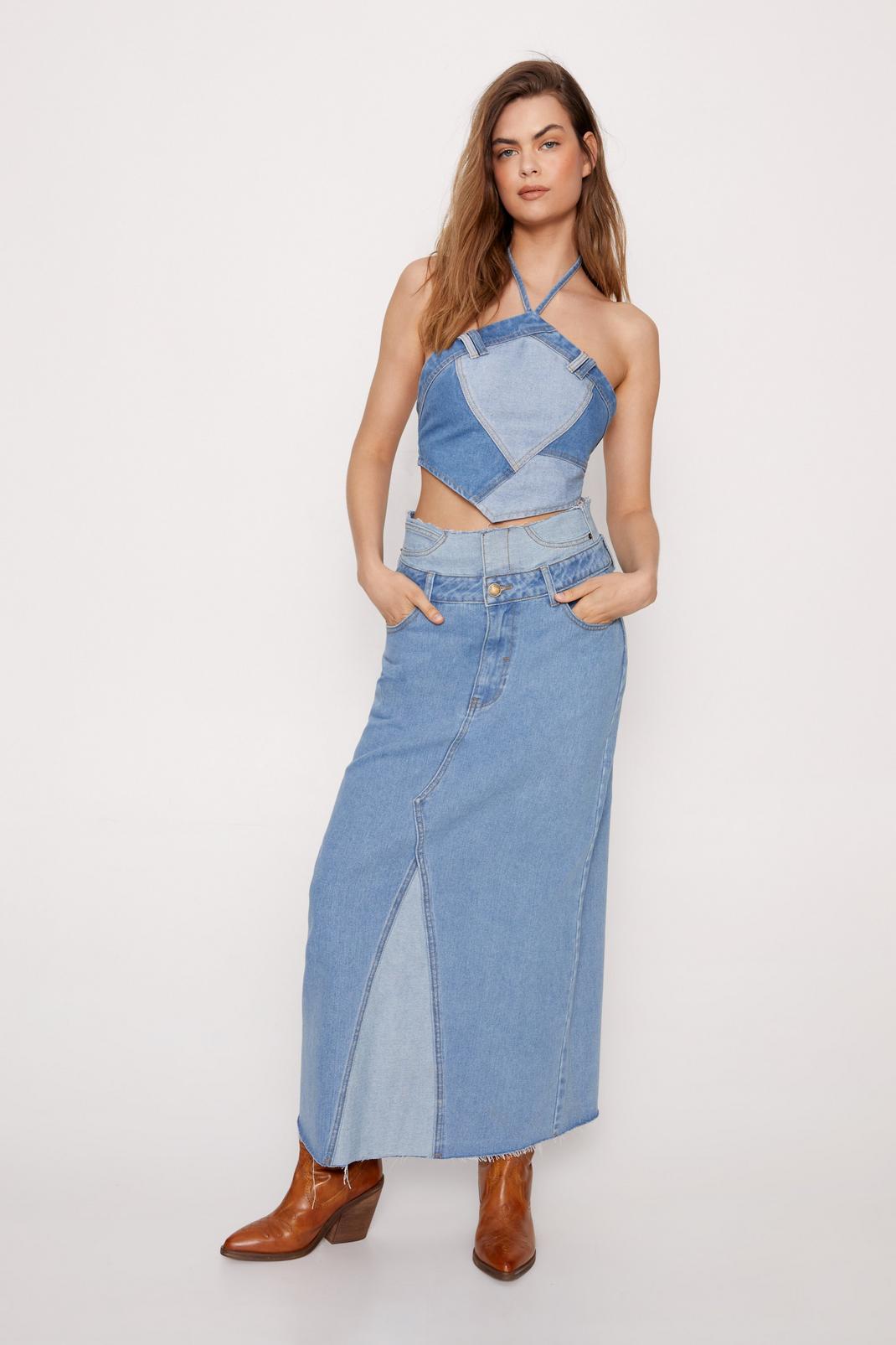 Mid blue Two Tone Double Waistband Denim Maxi Skirt image number 1