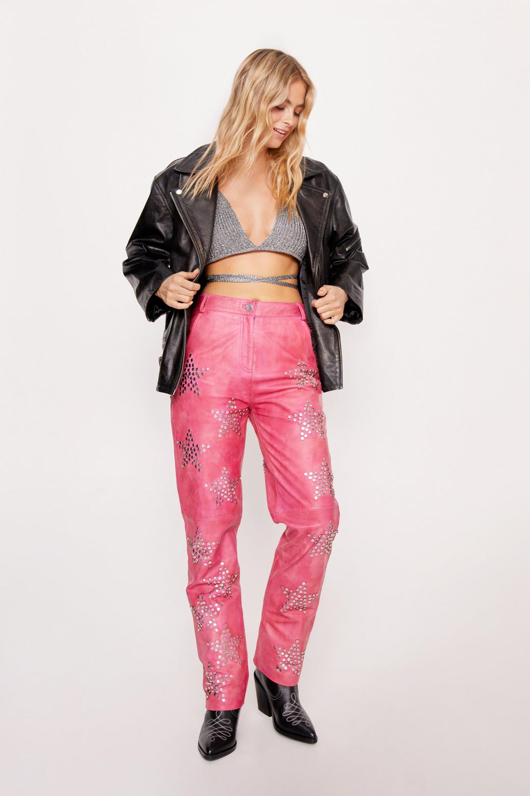 Hot pink Petite Real Leather Star Studded Straight Leg Pants image number 1