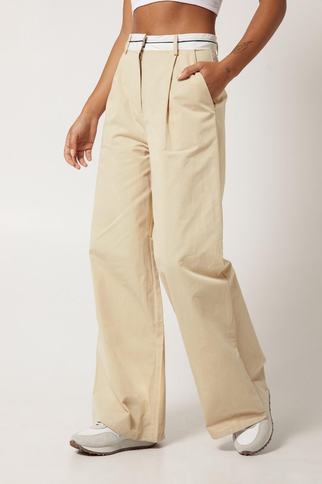 Pantalon de tailleur large en popeline premium à taille élastiquée , Beige image number 1