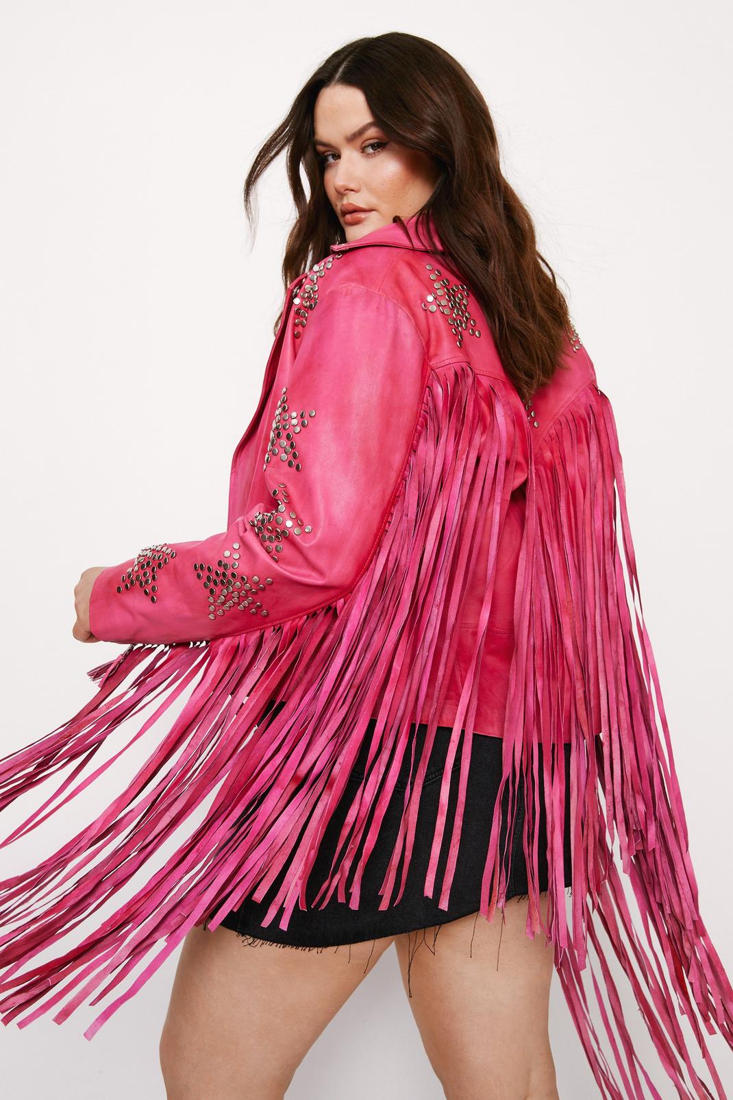 Hot pink Plus Size Real Leather Star Studded Fringe Jacket image number 1