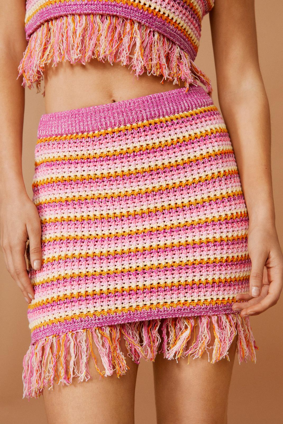 Pink Stripe Fringe Hem Knitted Mini Skirt image number 1