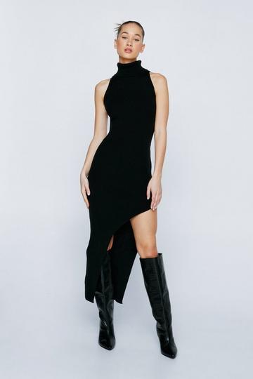 Black High Neck Knitted Side Split Maxi Dress