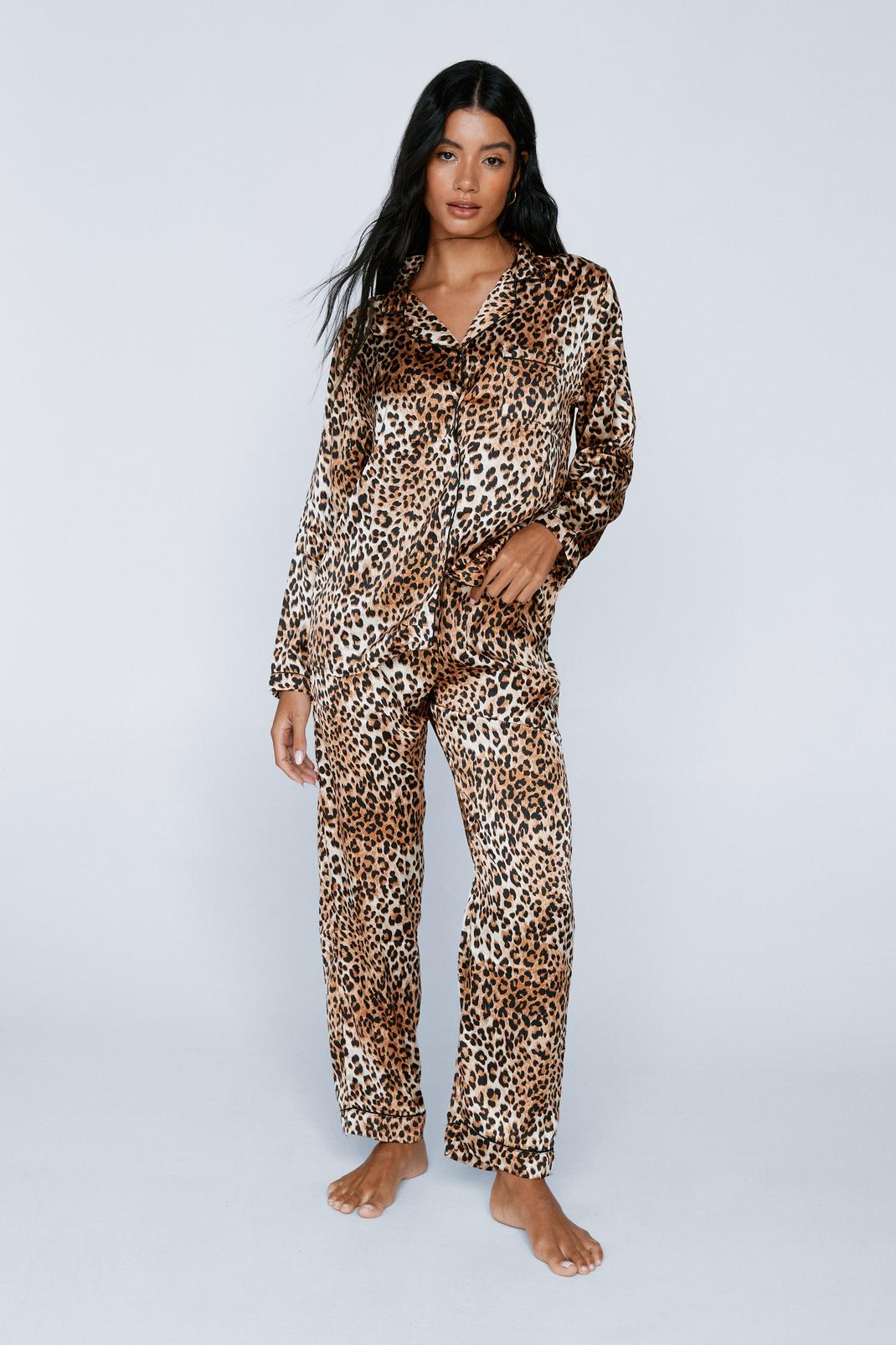 Tan Satin Leopard Print Pyjama Trousers Set image number 1