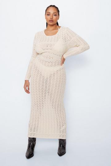 Plus Size Long Sleeve Open Back Crochet Maxi Dress ecru