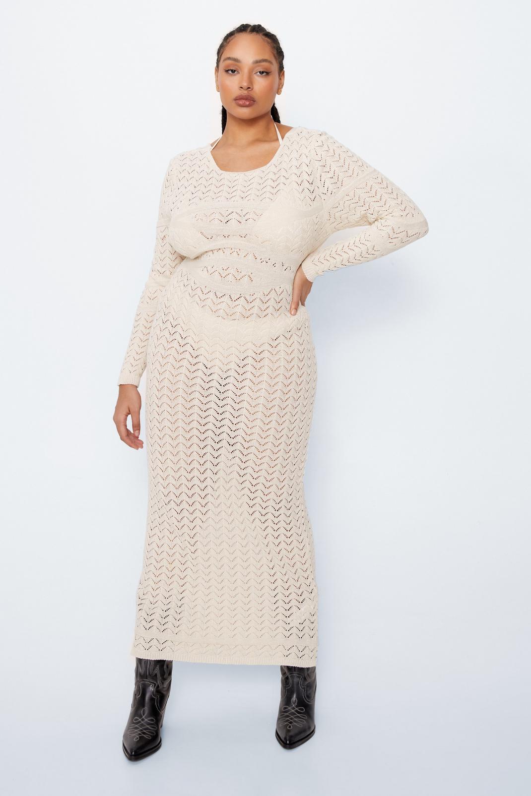 Ecru Plus Size Long Sleeve Open Back Crochet Maxi Dress image number 1