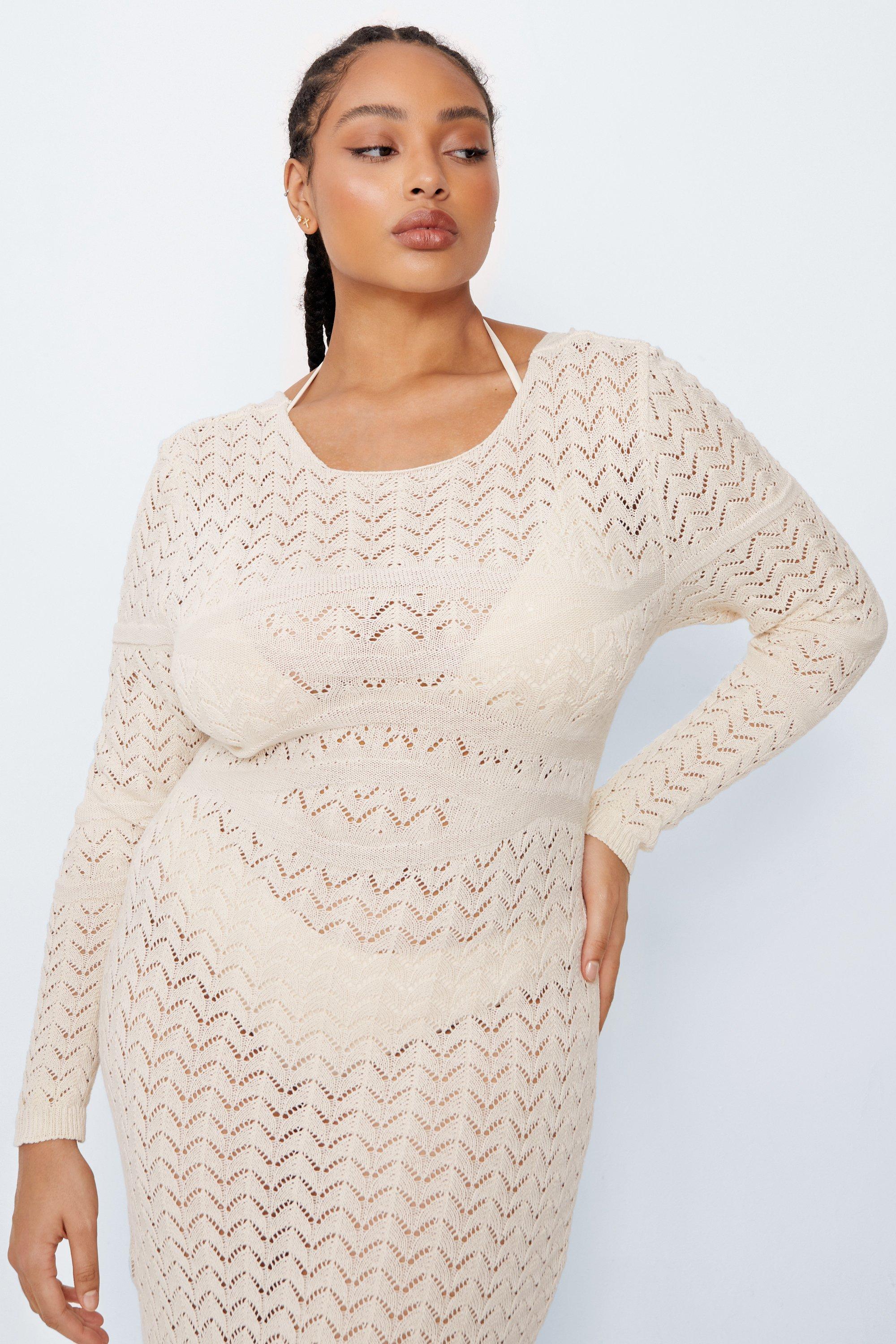 Plus Size Long Sleeve Open Back Crochet Maxi Dress