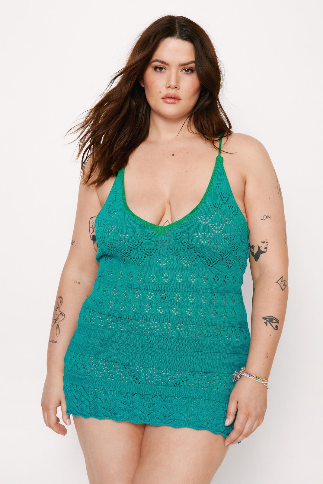 Teal Plus Size Crochet Strappy Mini Dress image number 1
