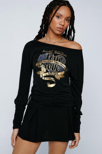 True Love Graphic Ruched Long Sleeve Top black