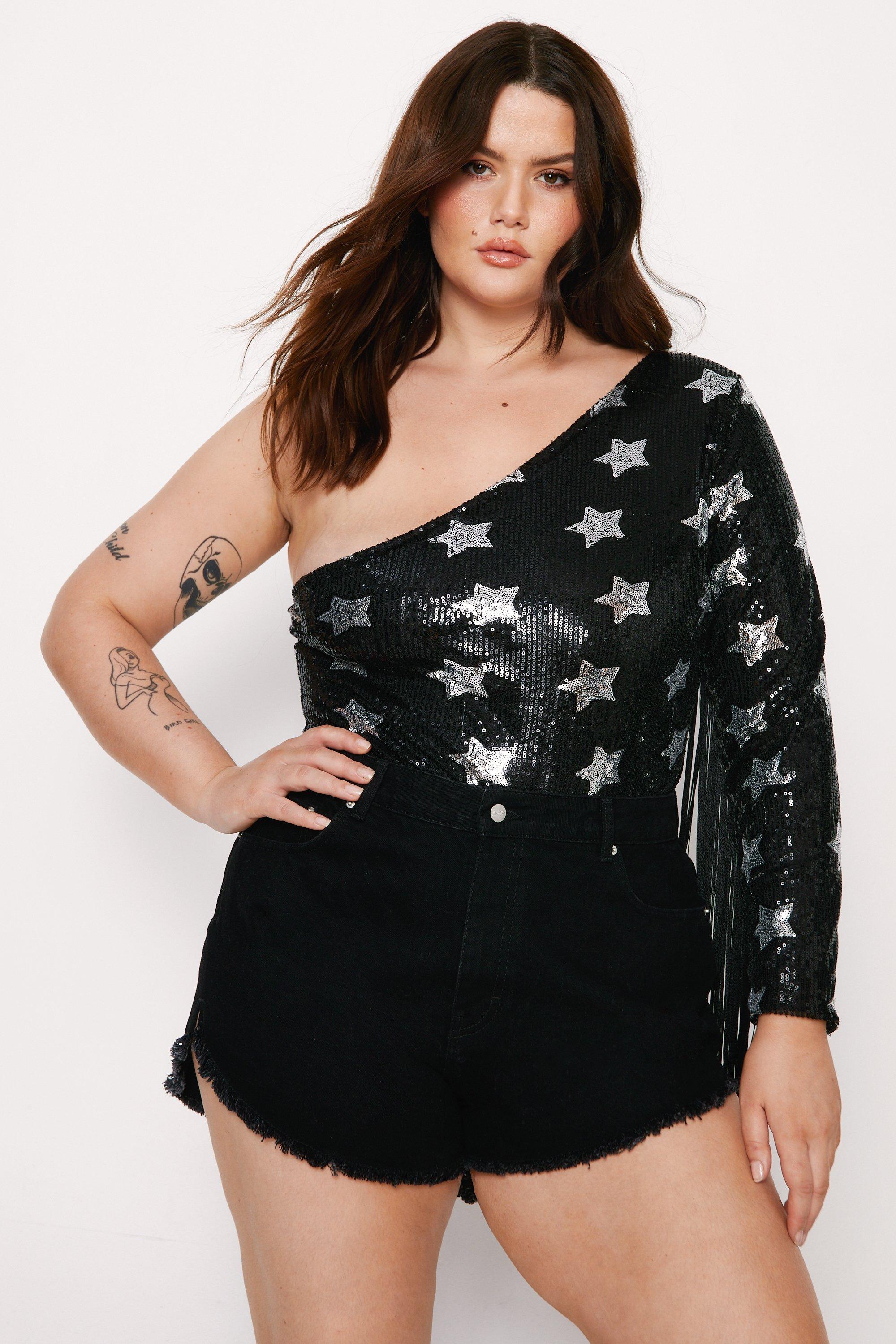 Plus Black One Shoulder Sequin Bodysuit