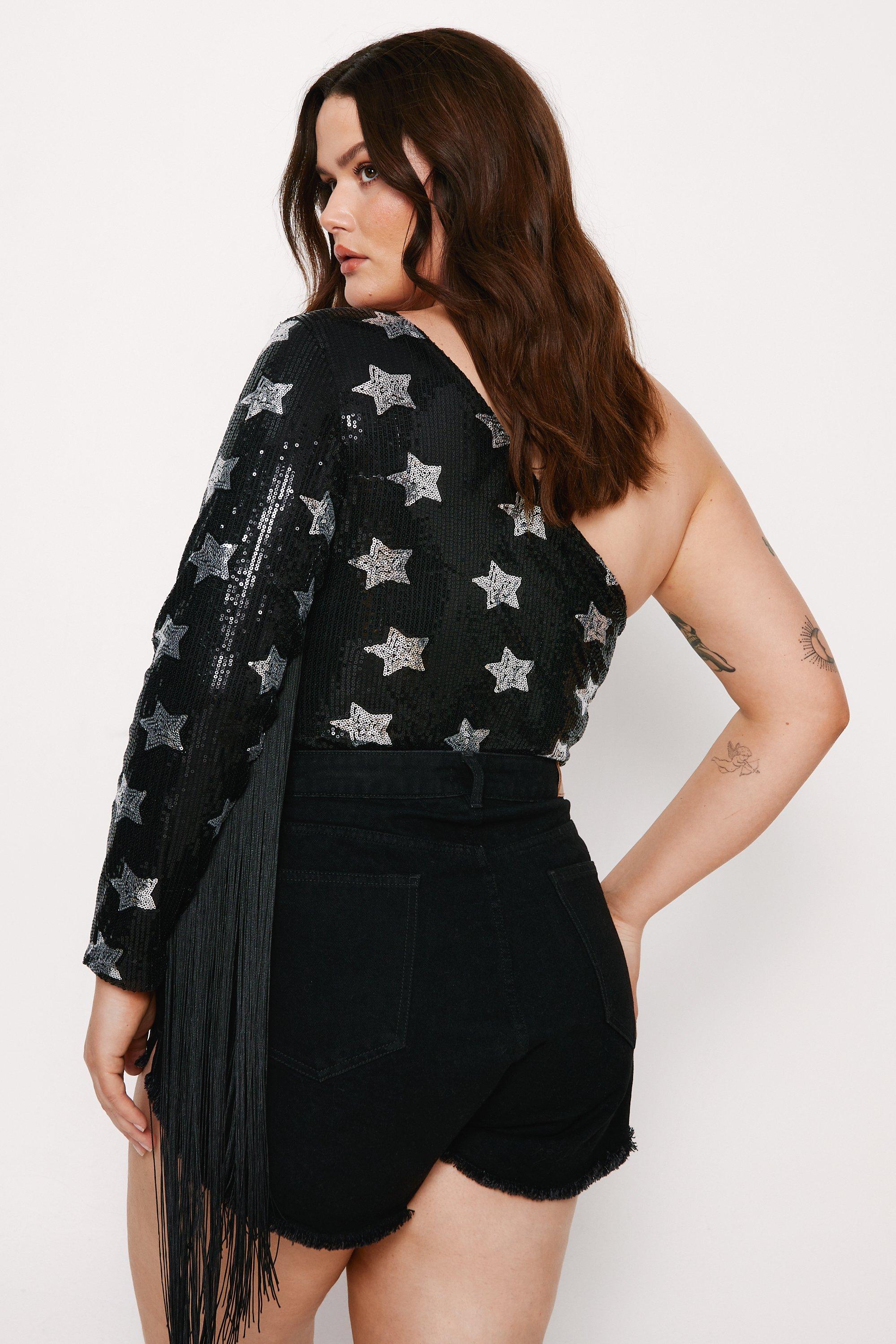 Plus Size One Shoulder Fringed Bodysuit