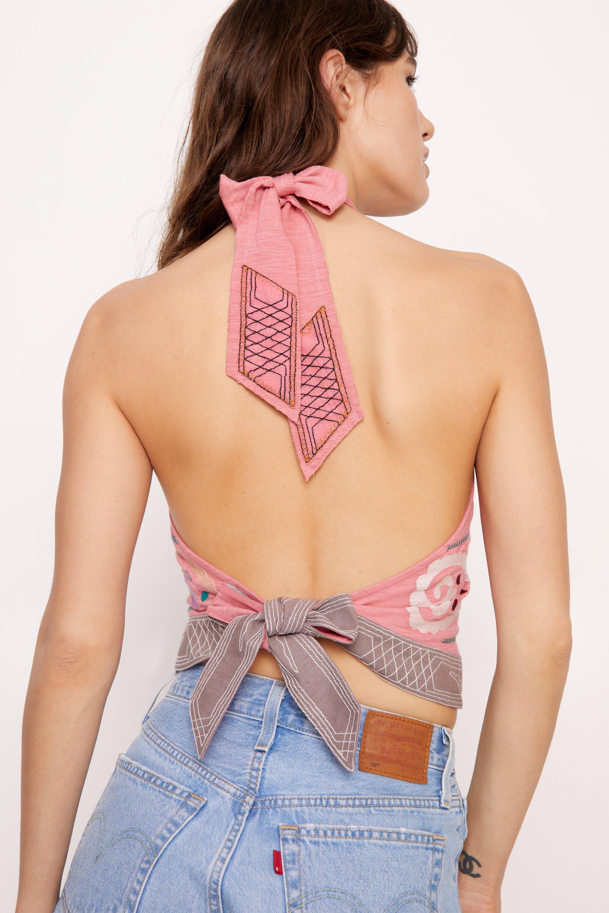 Embroidered Tie Back Halter Neck Top