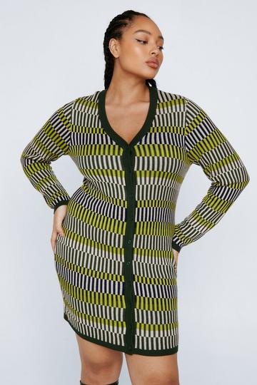 Khaki Plus Size Contrast Stripe Button Up Knit Mini Dress