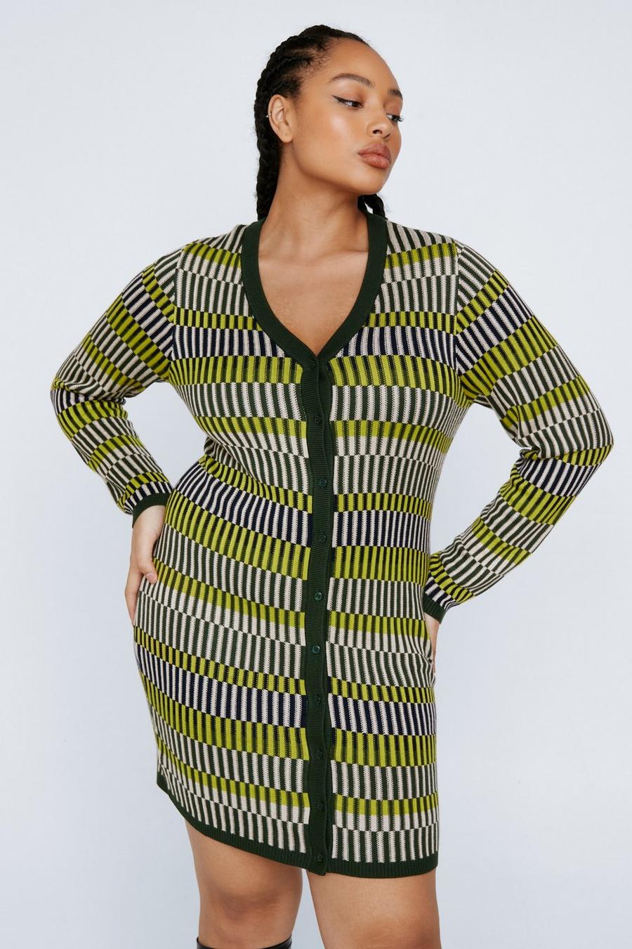 Plus Size Contrast Stripe Button Up Knit Mini Dress