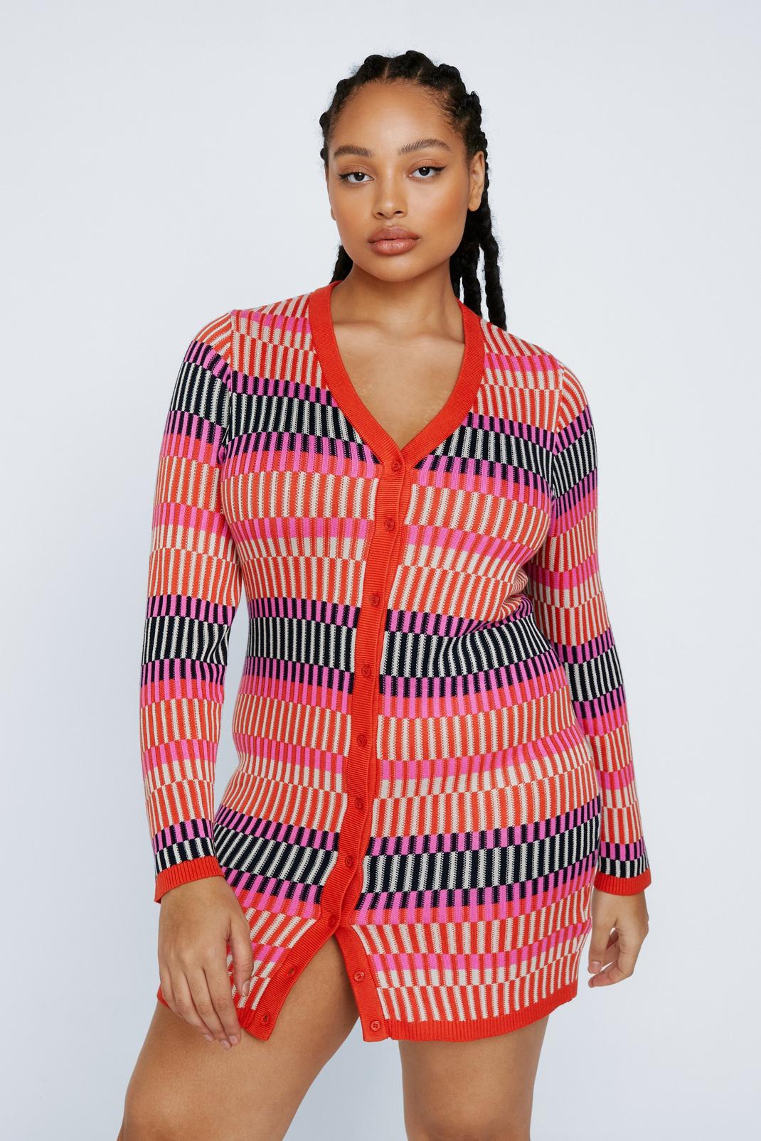 Pink Plus Size Contrast Stripe Button Up Knit Mini Dress image number 1