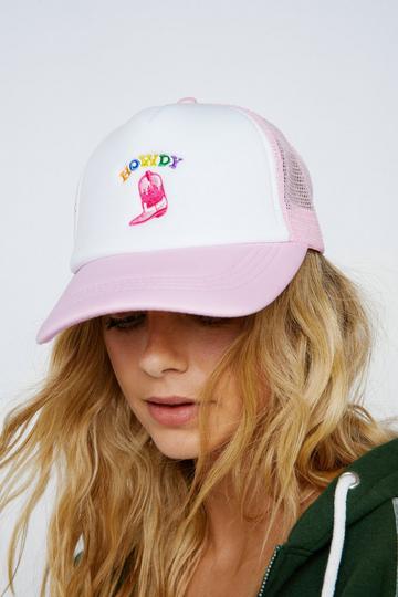 Howdy Western Boots Embroidery Trucker Hat pink