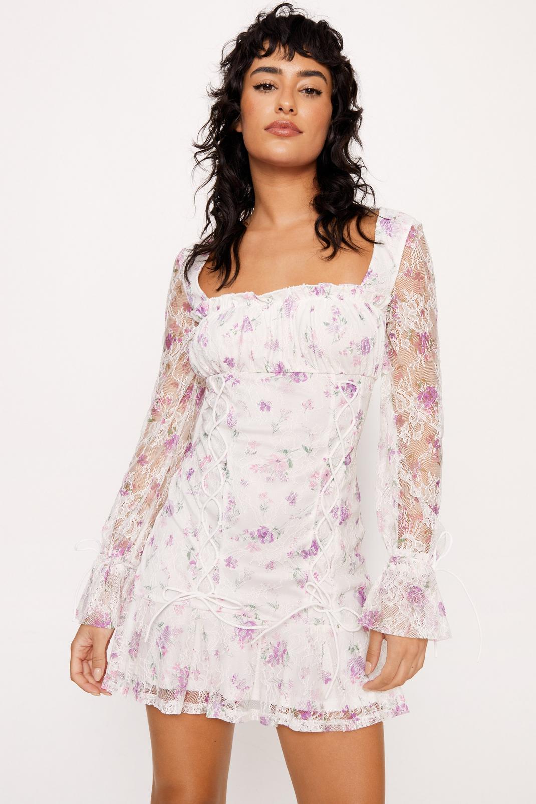 Multi Floral Lace Lattice Detail Dress image number 1