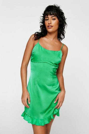 Green Satin Strappy Ruffle Hem Mini Dress